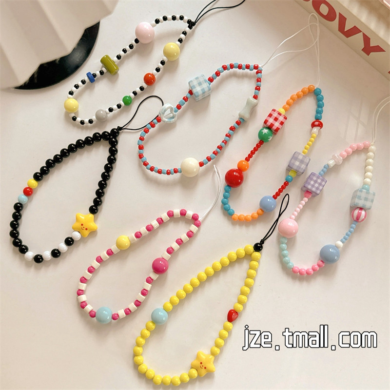 สีลูกปัดแบบพกพา Anti-lost Chain สําหรับ Apple Huawei สาวสร้างสรรค์ข้อมือ Anti-drop Chain โทรศัพท์มือถือกรณีจี้ Ccd กล้องเครื่องประดับพวงกุญแจหูฟังฝาครอบ