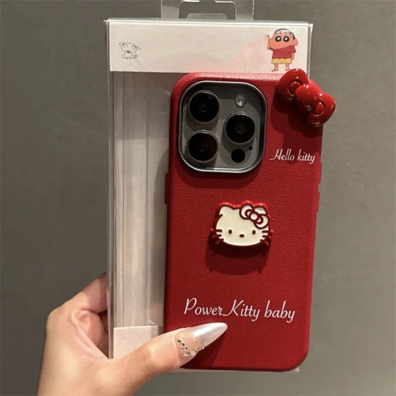 Iphone 16 15 14 13 12 11 Pro Max X Xr Xs Max 7 8 Plus SE2020 เคสโทรศัพท์ 3D DIY ลมน่ารักสีแดง Hello Kitty Cat นุ่มปกหลังหนัง