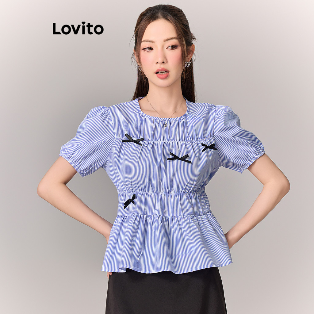 เสื้อโบว์แขนพองแบบพลีท BLB117AD0393