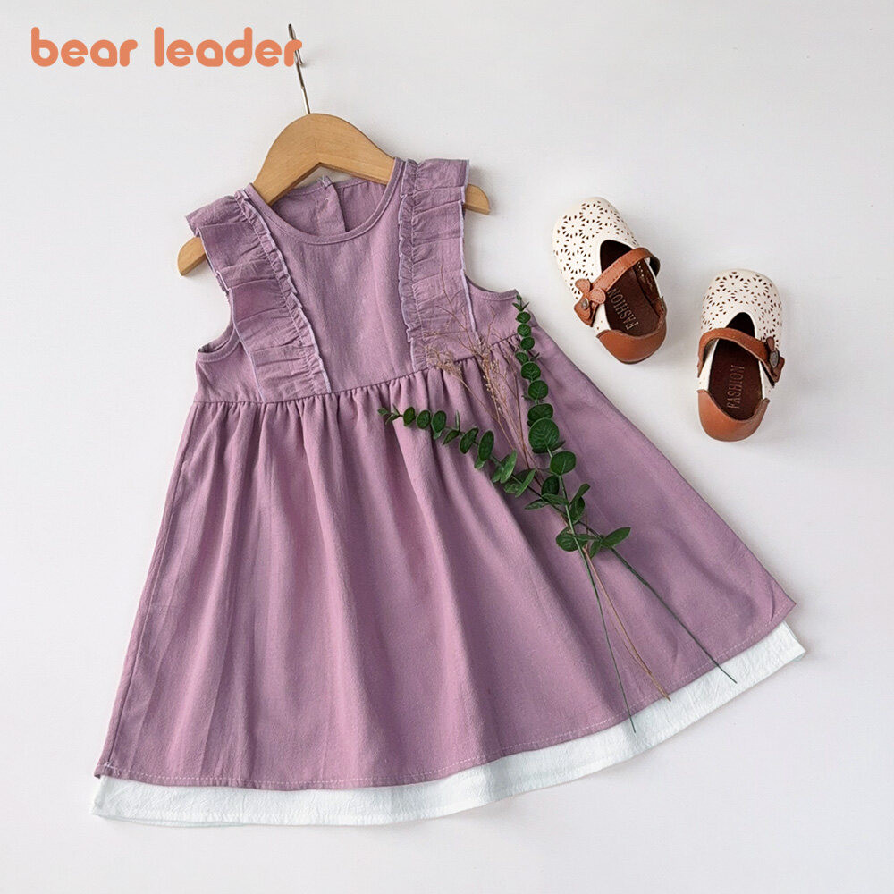 Bear Leader เวอร์ชั่นเกาหลีชุดผ้าฝ้ายฤดูร้อนแขนกุด 3 ถึง 7 ปีเสื้อผ้าเด็กทารก Ruffle Pathwork เด็กชุ