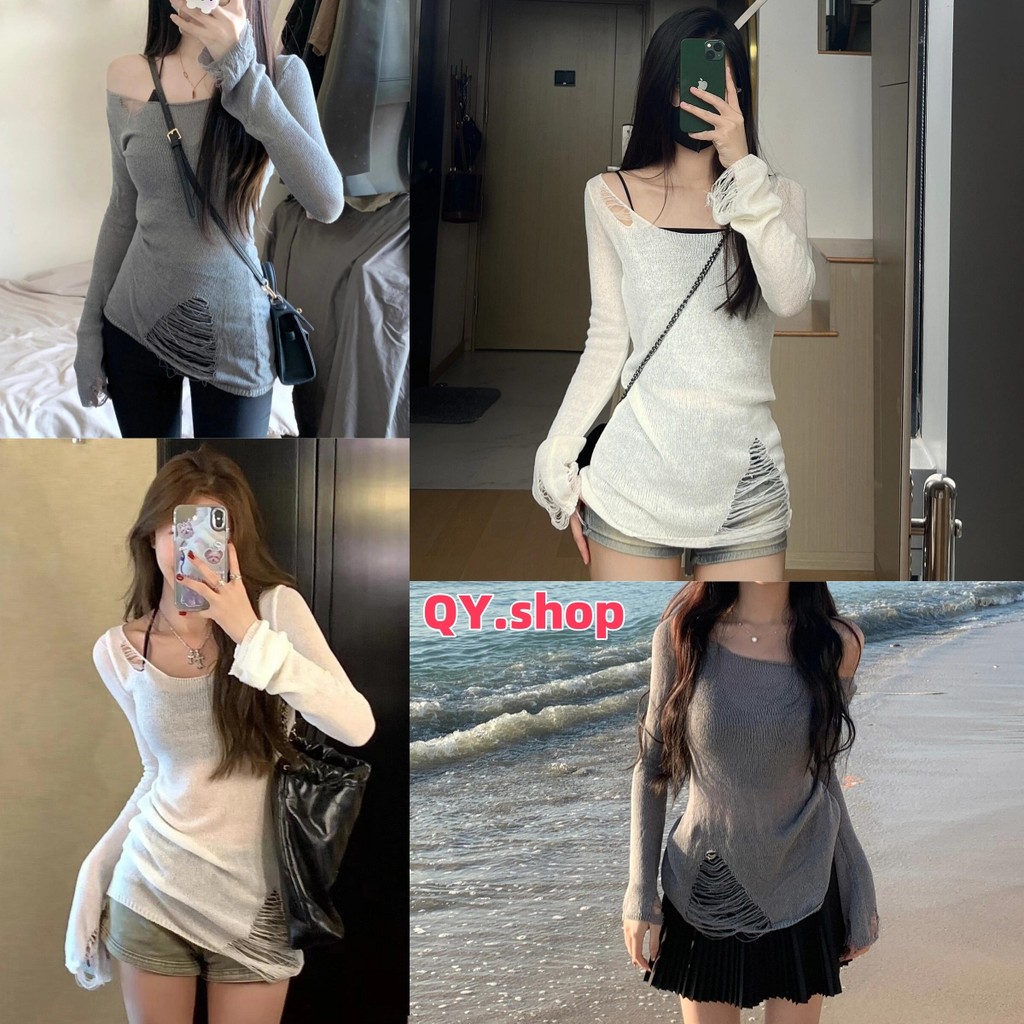 QY.Shop⭐️สินค้าราคาพิเศษ⭐️ ​พร้อมส่ง เสื้อไหมพรม ซีทรูเบาๆ แขนยาว "44172" -C