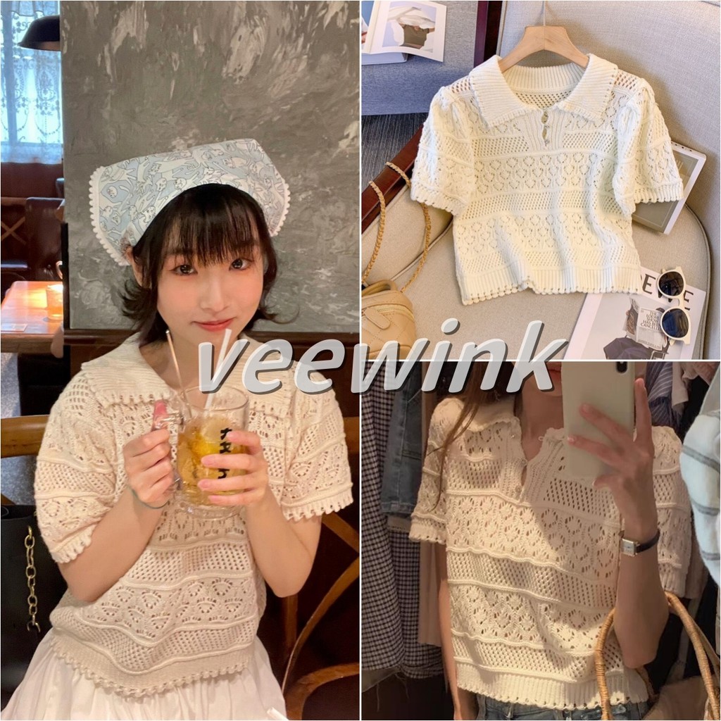 Veewink พร้อมส่งจากกทม เสื้อยืดแขนสั้น เสื้อถักตาข่าย Summer style  เสื้อผ้ามินิมอลวัยรุ่น แฟชั่น ทรงหลวมสไตล์เกาหลี