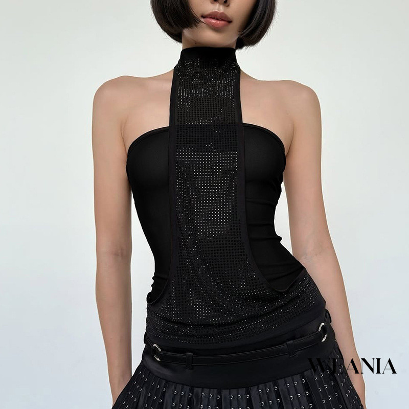 WEANIA Casual Sequined แขนกุด Halter สายคล้องไหล่ถัง