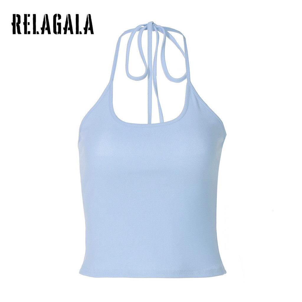 RELAGALA เสื้อกล้ามผู้หญิง 2025 ฤดูร้อนใหม่ เซ็กซี่ ตัดต่ำ U คอดark Halter แขนกุด Streetwear สไตล์เข้าได้กับทุกชิ้น