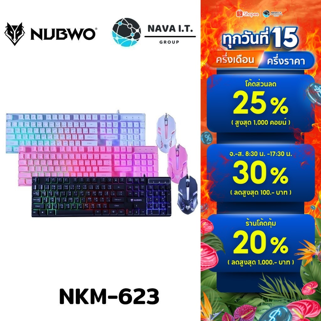 🛵มีส่งด่วน💨 NUBWO SAVITAR NKM-623 COMBO SET KEYBOARD+MOUSE PINK WHITE BLACK ประกัน 1 ปี