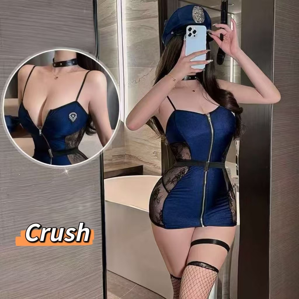 Crush💘ชุดคอสเพลย์ตำรวจ สายเดี่ยวเข้ารูป มีซิปหน้า เดรสกระโปรงแต่งลูกไม้ ซีทรูเซ็กซี่🛒พร้อมส่งจากไทย (ฺNJ-20)