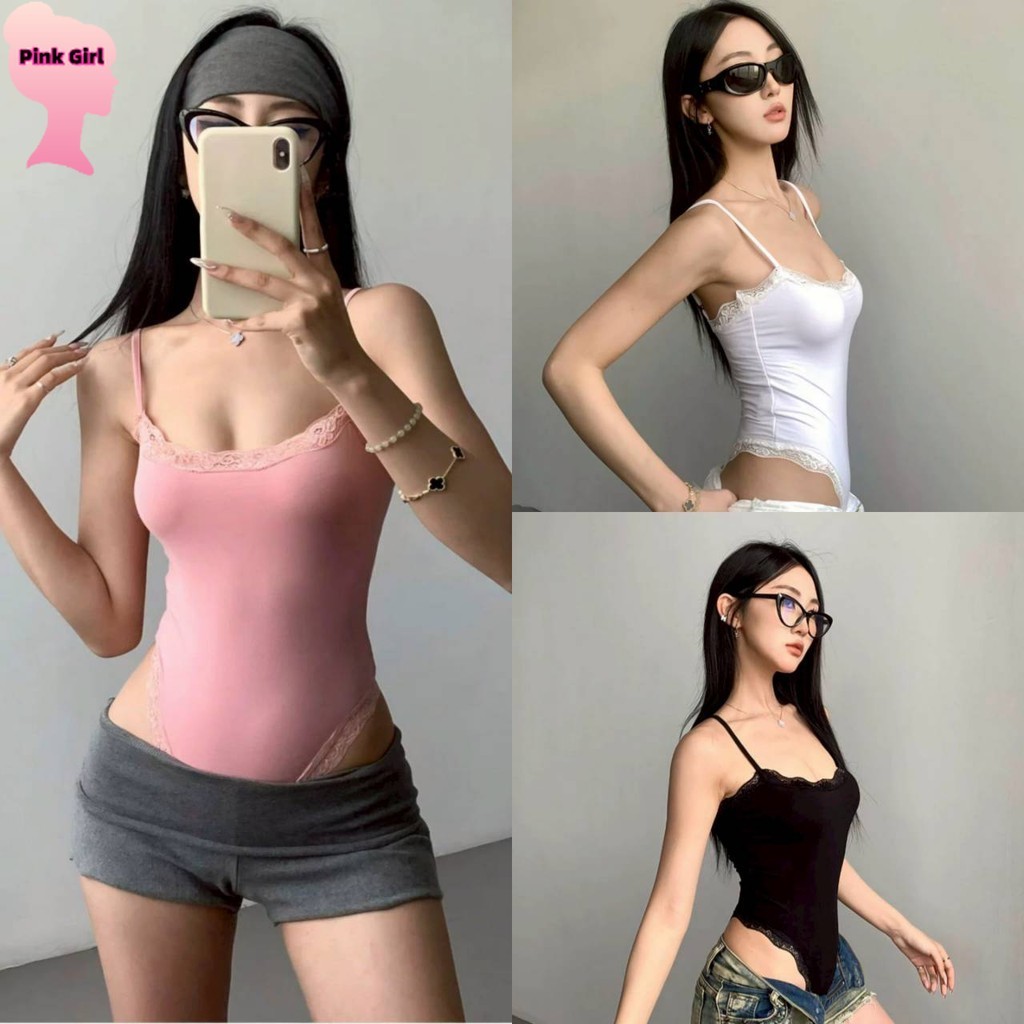 Pink girl ​พร้อมส่ง ชุดบอดี้สูท แต่งขอบลูกไม้ ยืดพอดี ทรงรัดตัว สีน่ารัก ‘ FY9333