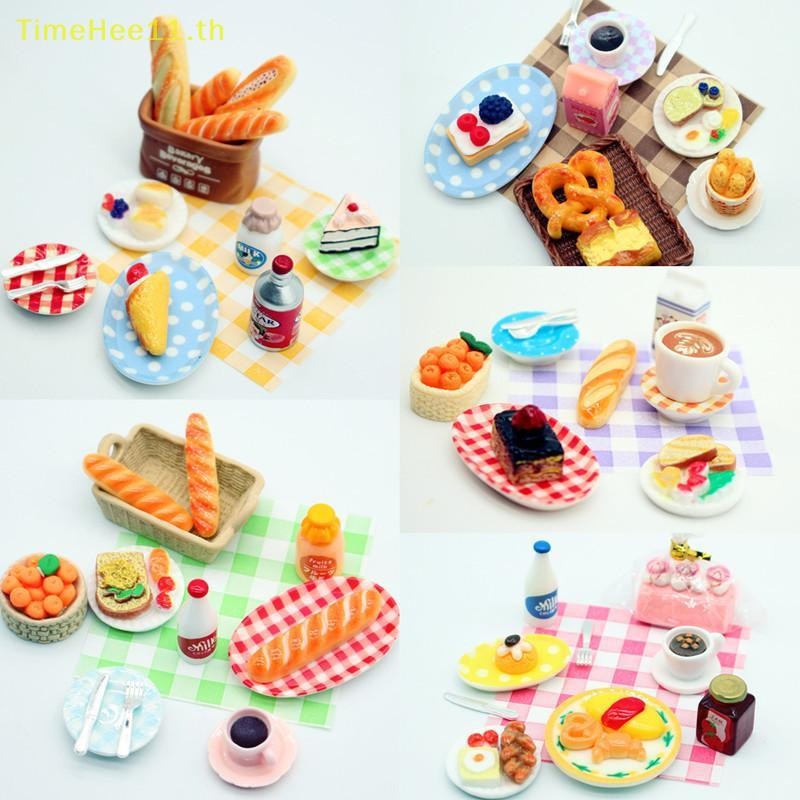 TimeHee 1Set Dollhouse Mini Breakfast Play Dim Sum Bread Jam Plate Model Miniature Kitchen Cooking Baking Model DIY Doll Accessories TH