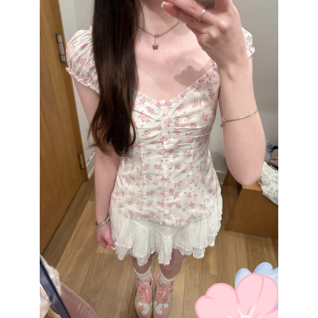 ขายร้อน! F & X Retro บัลเล่ต์สไตล์เสื้อกั๊ก ฤดูร้อนสไตล์ใหม่ ภาษาฝรั่งเศส ดอกไม้Slim-fit Ruffled เสื้อขนาดเล็ก เสื้อผู้หญิง bm