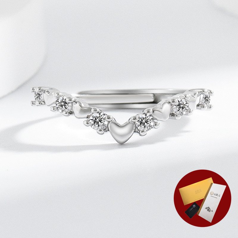 (พร้อมใบรับรอง Gra) แฟชั่นใหม่แสงหรูหรา Micro Paved V แถวหัวใจ Moissanite แหวน
