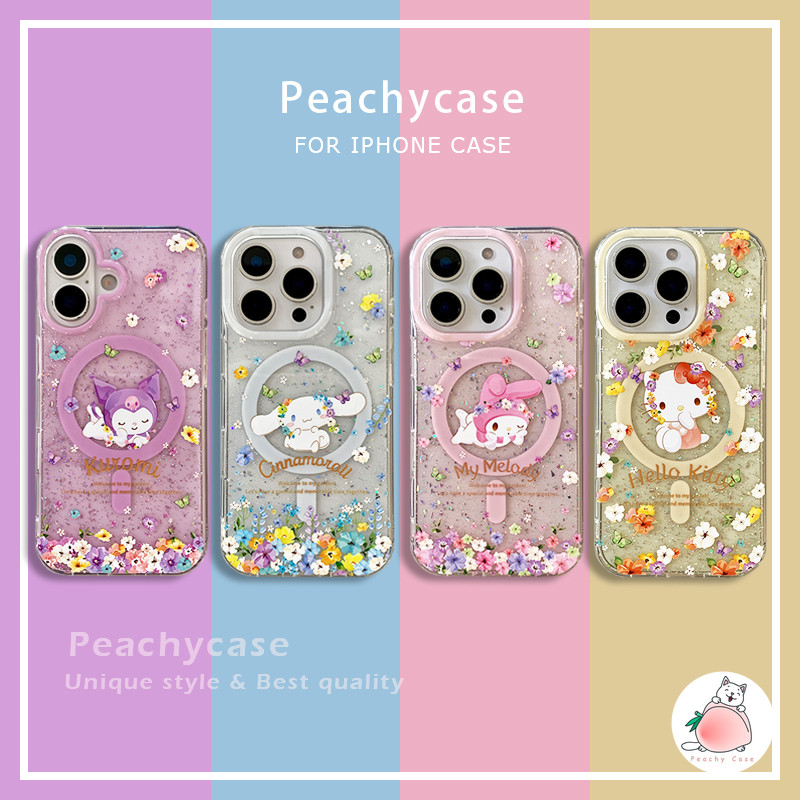 ดอกไม้น่ารัก Sanrio Hello Kitty Melody Glitter เคสโทรศัพท์สําหรับ iPhone 16 15 14 Pro Max 13 IMD Big Hole กันกระแทกไร้สายชาร์จปลอก
