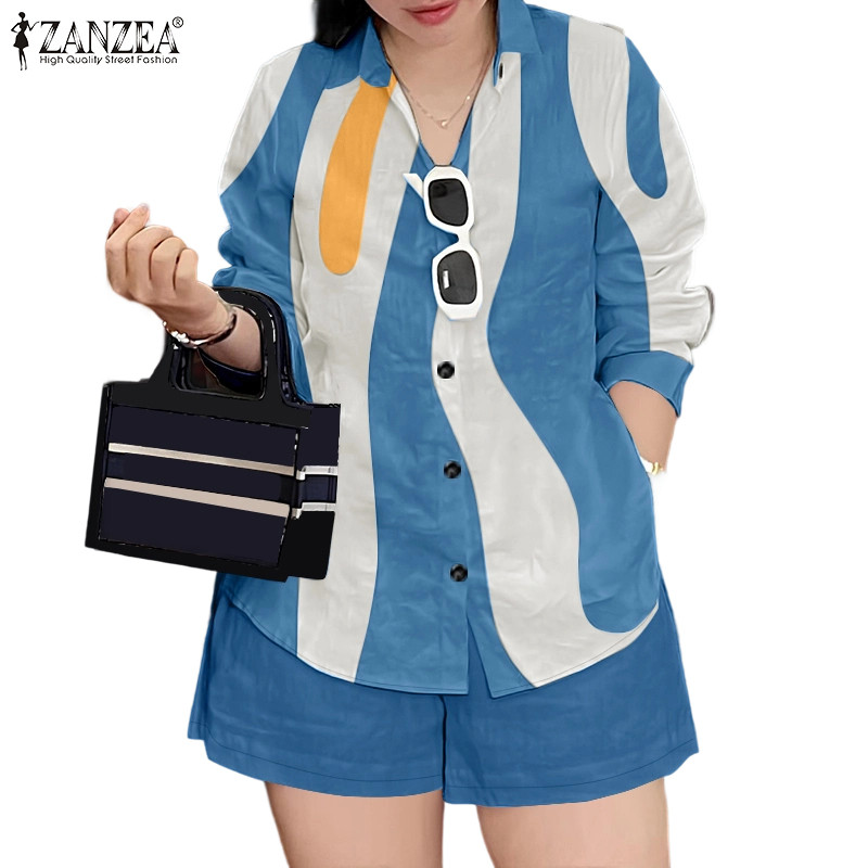 ZANZEA ซานเซีย ผู้หญิงเสื้อพิมพ์ลายแขนยาวลําลองเกาหลี + ชุดกางเกงขาสั้นขากว้างกระเป๋า