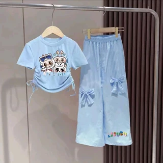 NEWชุดเซ็ทเด็กผู้หญิงน่ารัก เสื้อผูกโบว์ข้าง+กางเกงแต่งโบว์ รุ่น4108
