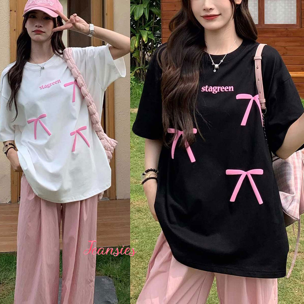 เสื้อยืดแขนสั้นคอกลม ทรงหลวม ดีไซน์เก๋ๆ มีโบว์