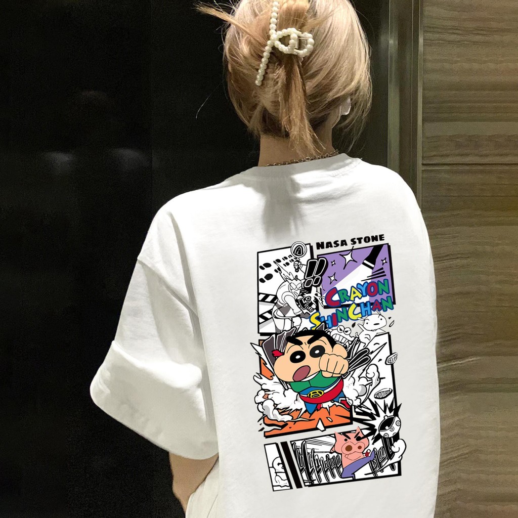 Y-T เสื้อยืดโอเวอร์ไซส์ ไม่จำกัดเพศ เสื้อสไตล์เกาหลี สวมใส่สบาย ผ้าฝ้ายแท้ ภาพพิมพ์ "เครยอนชินจัง" (พร้อมส่งจากไทย)