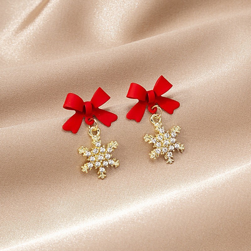 Mouga/christmas Red Bow Snowflake Light Luxury Temperament Niche Simple High-End Design ต่างหู