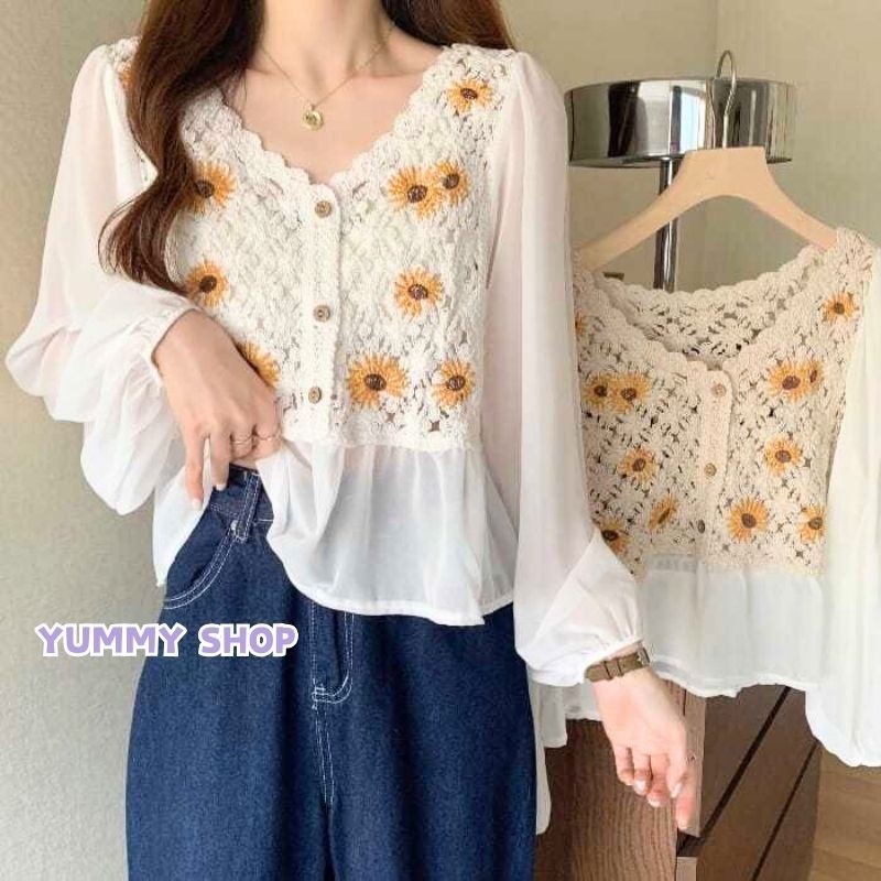 🎀Yummy Shop🎀พร้อมส่ง【1968】เสื้อถักไหมพรม แขนชีฟอง ลายดอกไม้น่ารัก -C -N
