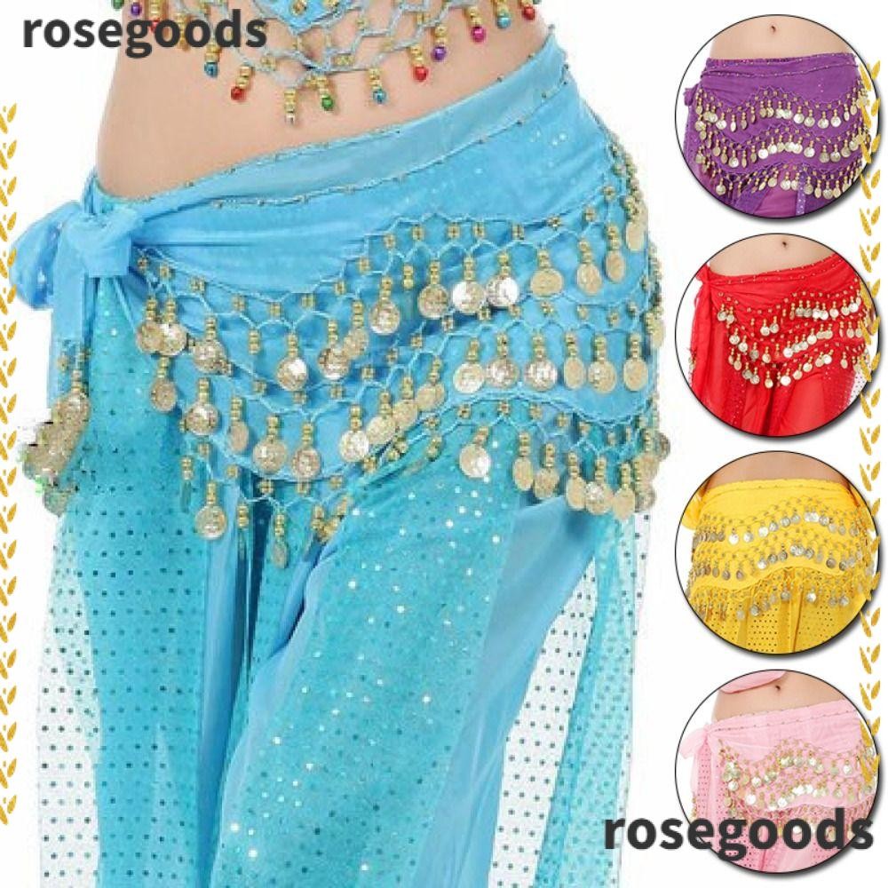 Rosegoods1 เข็มขัดเต้นรําหน้าท้อง สําหรับไทย / อินเดีย / อาหรับ พู่เลื่อม กระโปรงเต้นรํา