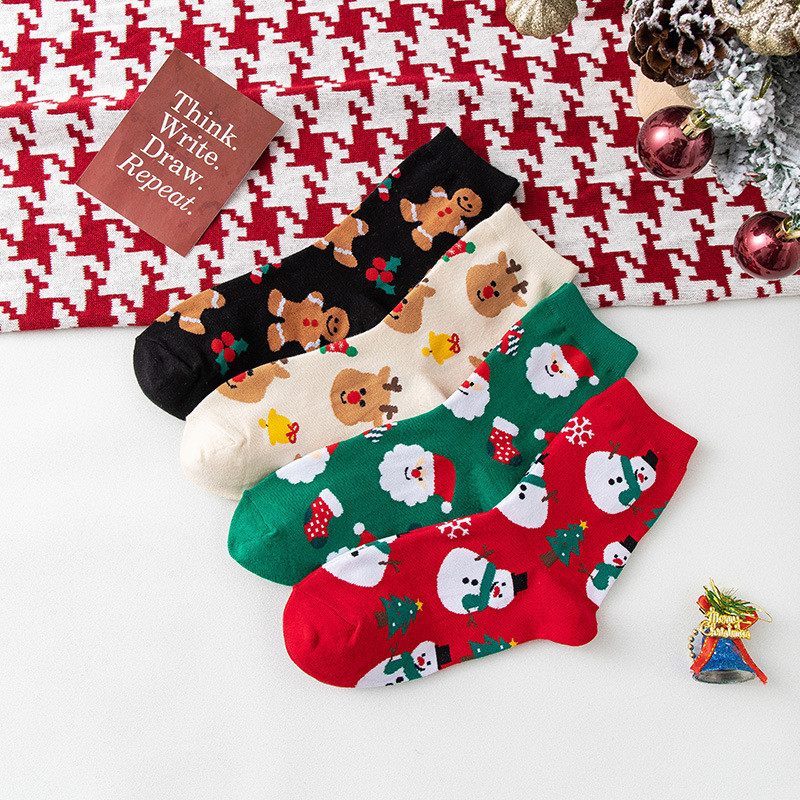 ฤดูใบไม้ร่วงฤดูหนาวสไตล์อินเทรนด์ Santa Elk Snowman Gingerbread Man ถุงเท้าการ์ตูน