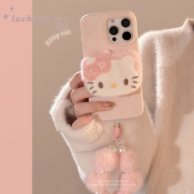 Iphone 16 15 14 13 12 11 Pro Max X Xr Xs Max เคสโทรศัพท์น่ารักสีชมพูหวานตุ๊กตา KT Cat + Lanyard หนังนุ่มปกหลัง
