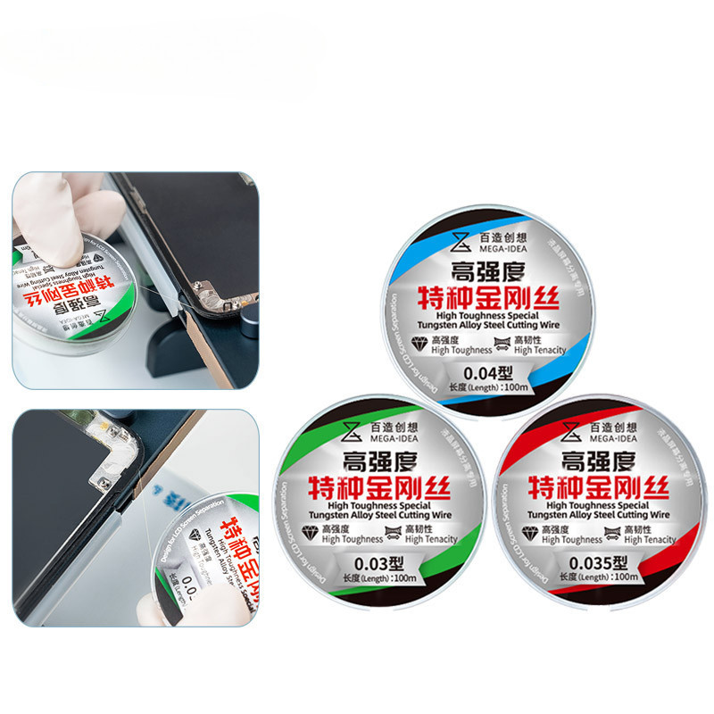 100m QIANLI MEGA-IDEA พิเศษทังสเตนตัดเหล็กลวดความเหนียวสูงสําหรับโทรศัพท์ LCD หน้าจอโค้งแยกกระจกสาย