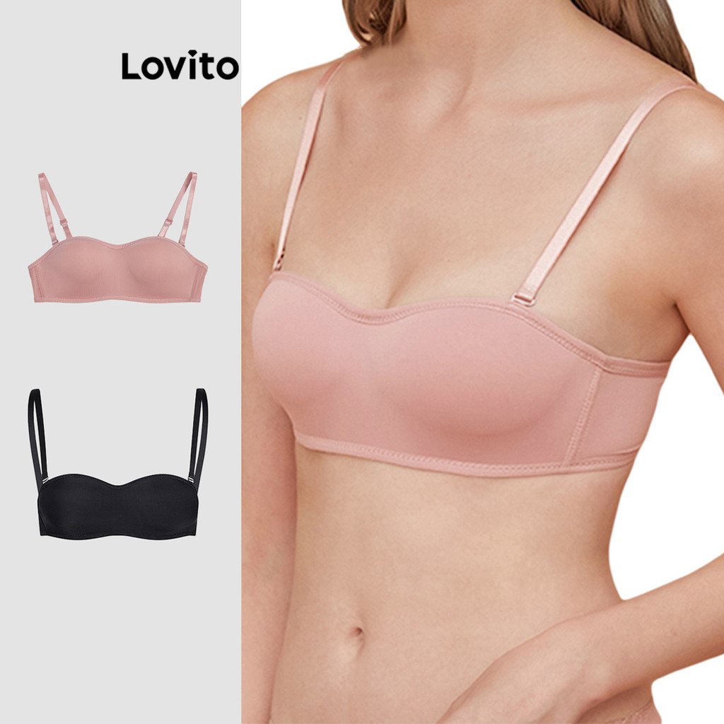 Lovito บรายกทรง แผ่นรองหน้าอกถอดออกไม่ได้ เปิดไหล่ สีขนม สีพื้น สไตล์ลำลอง L16X253 (สีชมพู)