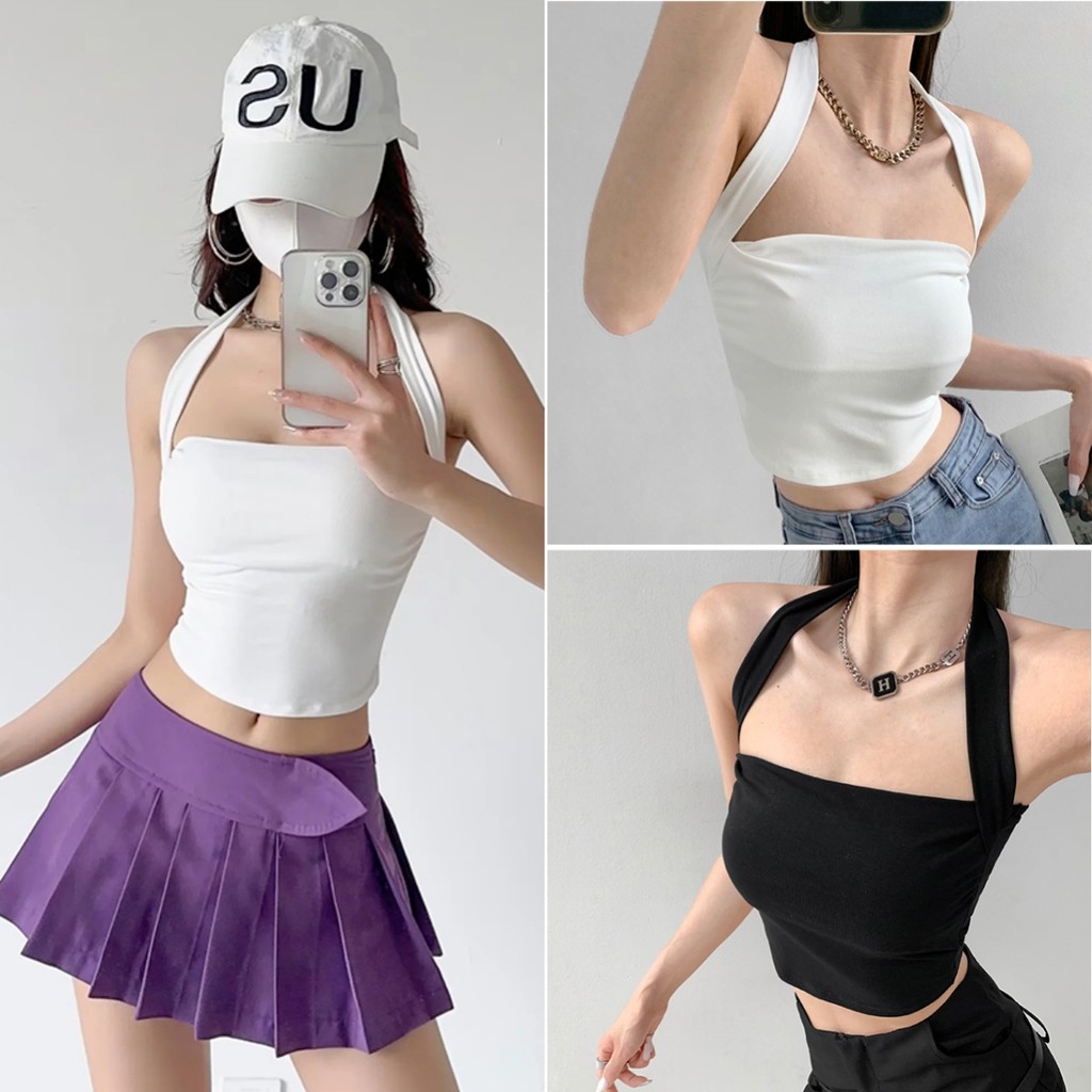 Betty house พร้อมส่ง เสื้อกั๊กผู้หญิง เสื้อกล้ามคอแขวน ดีไซน์เก๋ไก้ครอป เซ็กซี่แขนกุด สไตล์อเมริกัน