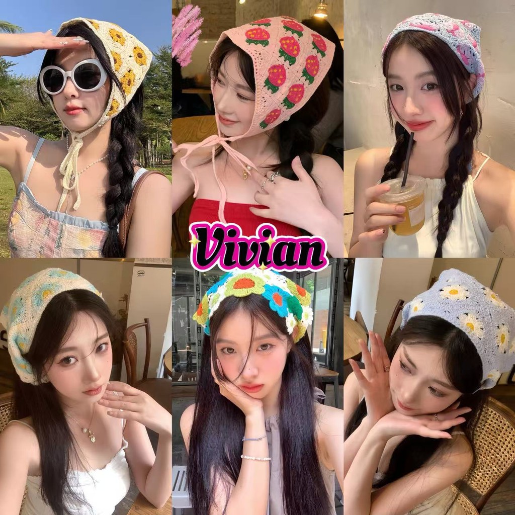 🎨Vivian🎨ผ้าโพกผมถักไหมพรม ทรงสามเหลี่ยม น่ารักลายดอกไม้#TJ-111