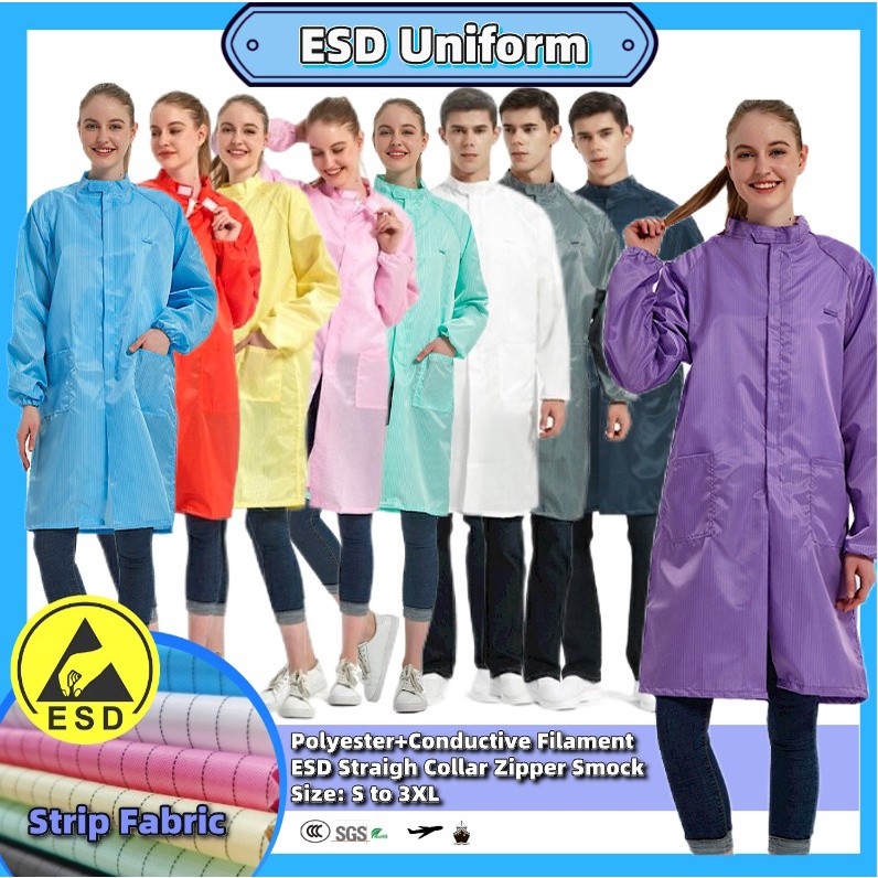 UhomeAnti-static Esd 5 มม.ลายตรงคอ Smock ฝุ่น-proof ชุดสําหรับ Clean Room Factory ชุดอิเล็กทรอนิกส์ 