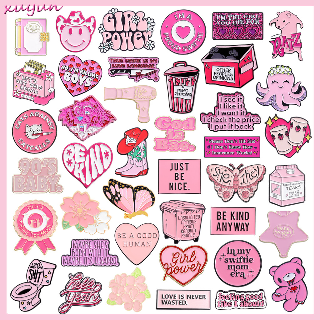 100รูปแบบสีชมพูการ์ตูนปกเข็มกลัดข้อความสัตว์เคลือบ เข็มหมุด ออกแบบความรู้สึกกระเป๋าเป้สะพายหลังตราอุปกรณ์เครื่องประดับคอลเลกชันของขวัญสํา