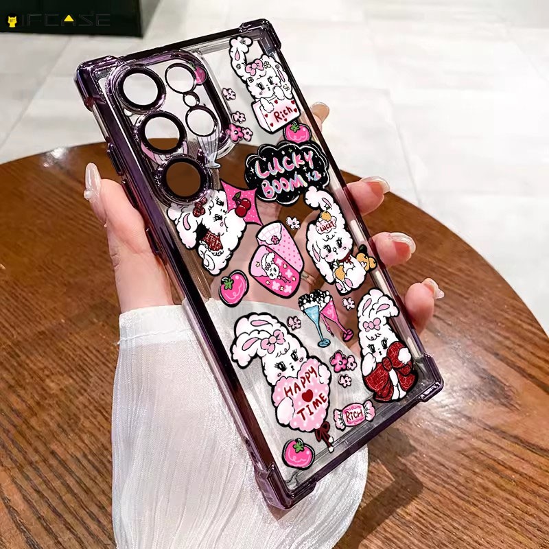 สําหรับ Samsung Galaxy S25 S24 S23 Plus Ultra FE S25 + S24 + S23 + เคสโทรศัพท์น่ารักหวาน Cool กระต่ายป้าย Cherry Bowknot ดอกไม้การ์ตูนหรูหราสีชมพูปลอกนุ่มกรณีปกหลัง