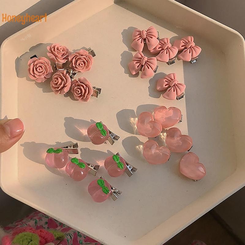 <Honeyheart> น่ารักสไตล์เกาหลี Duckbill คลิป Bangs คลิปโบว์พีชหัวใจดอกไม้รูปร่างสีชมพูสี Barrettes สําหรับผู้หญิงสาวอุปกรณ์เสริมผม Nice