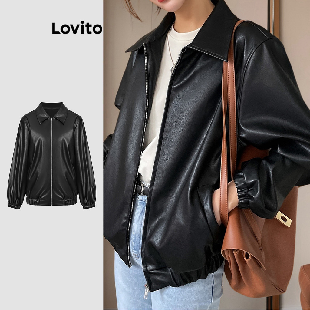 Lovito เสื้อคลุมทรงลำลองสีพื้นมีกระเป๋าซิปสำหรับผู้หญิง L114AD029