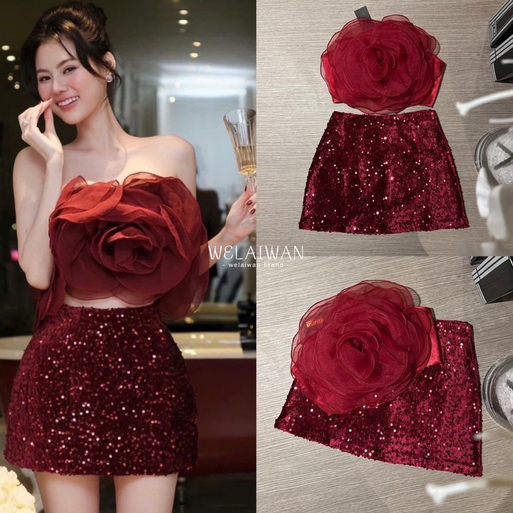 (xs-l) (พร้อมส่ง) WELAIWAN23 ชุดเซทผ้าแพงผ้าสวยมาเเล้ว ดอกกุหลาบ คริสมาสต์ Cafe