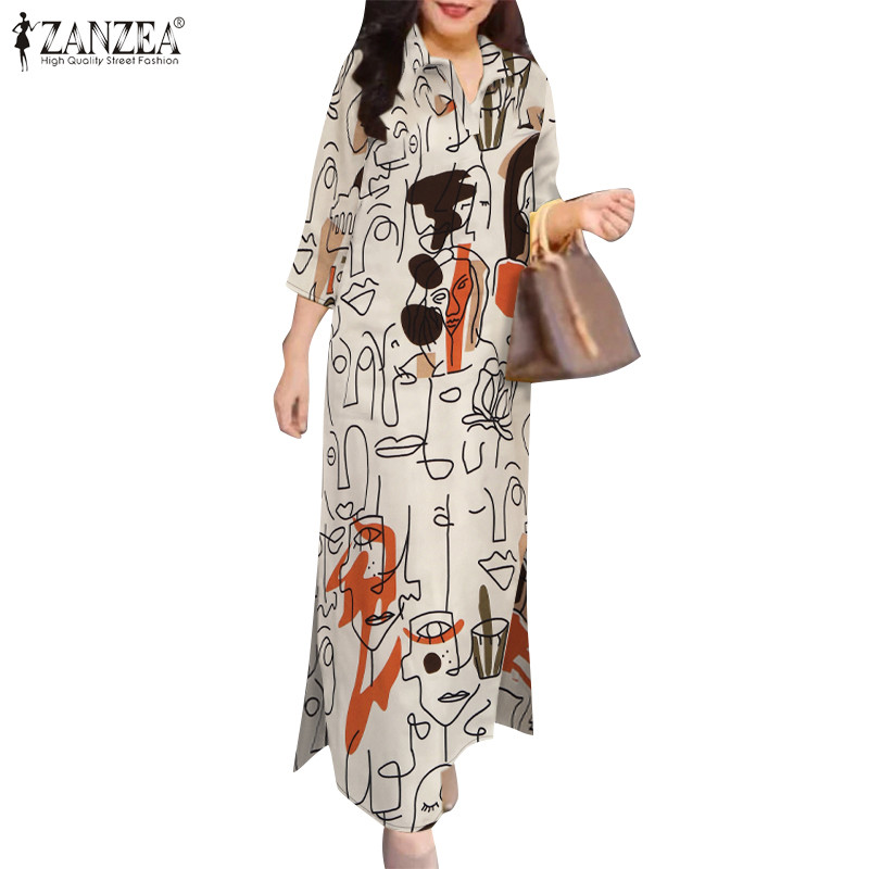 ZANZEA ซานเซีย ผู้หญิงวินเทจปกพิมพ์3/4แขนแยกชุดเสื้อเชิ้ตยาว