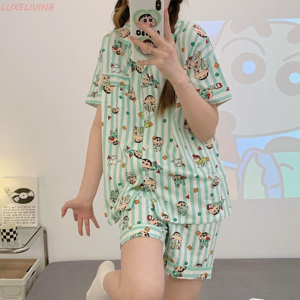 Luxeliving ชุดนอนเครยอนชินจัง, ชุดนอนการ์ตูนบาง Kawaii, น่ารักหลวมแขนสั้น Homewear สองชิ้นชุดนอนเด็ก