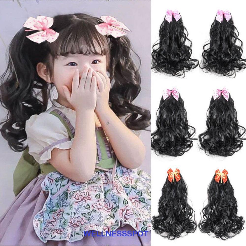 Wellnessspot 2 ชิ้น Bows Knot หางม้า, สังเคราะห์เด็ก Headwear เด็ก Curly หางม้าวิกผม, ทนความร้อนต่อผมตกแต่งคลิปผมปลอมหางม้าของขวัญวันเกิด
