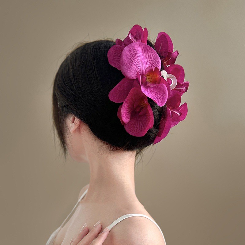 MagpieRose Red Phalaenopsis คลิปใหญ่ Bohemian Head ดอกไม้จําลองเครื่องประดับผมดอกไม้ริมทะเลสไตล์รีสอร์ทคลิปฉลาม - รูปที่ 7