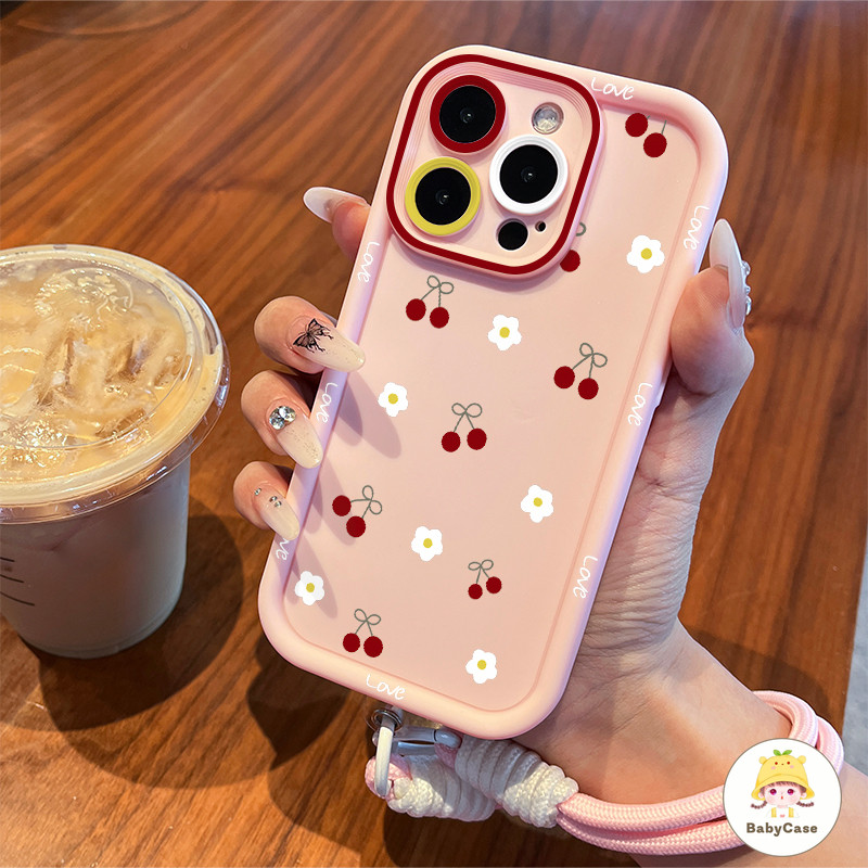 เคสไอโฟน 11 16 สำหรับ iPhone 13 15 11 16 12 14 Pro Max 7 8 15 16 Plus XR X XS Max สดสดสดโรแมนติกดอกไม้เชอร์รี่ปกอ่อนนุ่ม