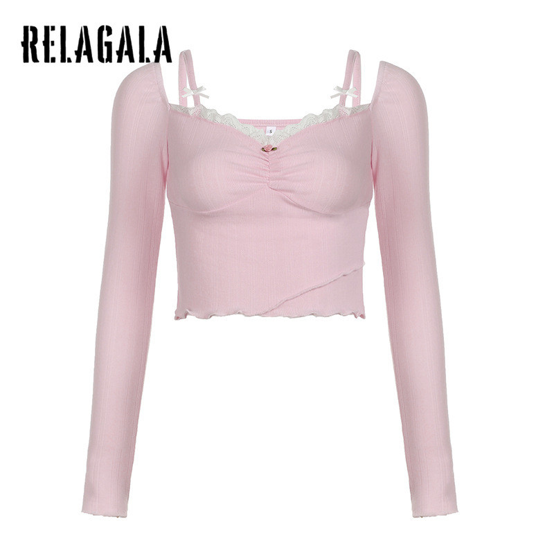 Relagala ผู้หญิง 2025 เสื้อยืดแขนสั้นลูกไม้คอสี่เหลี่ยมแขนยาวทรงสลิมฟิต