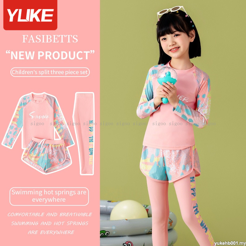 Yuke 3 ชิ้นชุดชุดว่ายน้ําเด็กผู้หญิงแขนยาว Sun Protection ชุดว่ายน้ําเด็ก