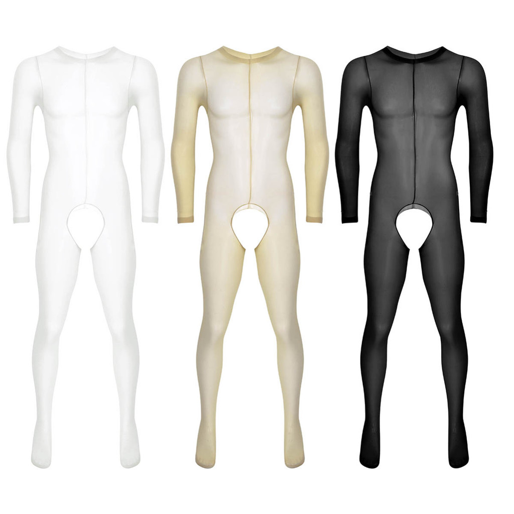 Nikiikoo Mens Soft See Through Sheer รอบคอแขนยาว Crotchless Footed ยืด Body Pantyhose Tights Full Body Stocking