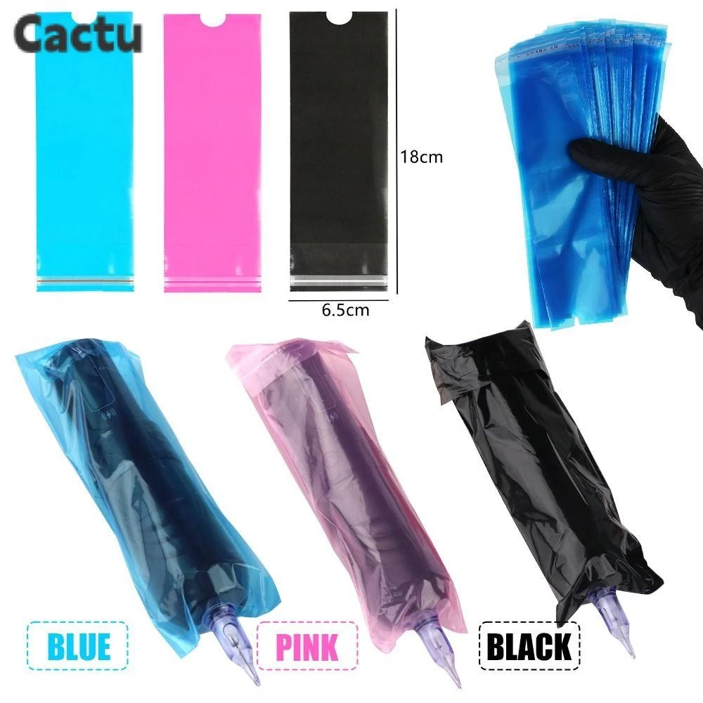 Cactu 100 ชิ้น Tattoo Clip Cord Sleeves ครอบคลุมกระเป๋า, รอยสักสีชมพูแบบใช้แล้วทิ้ง|ถุงป้องกันอุปกรณ์สักพลาสติกสีน้ําเงินสีดํา