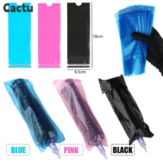 Cactu 100 ชิ้น Tattoo Clip Cord Sleeves ครอบคลุมกระเป๋า, รอยสักสีชมพูแบบใช้แล้วทิ้ง|ถุงป้องกันอุปกรณ์สักพลาสติกสีน้ําเงินสีดํา