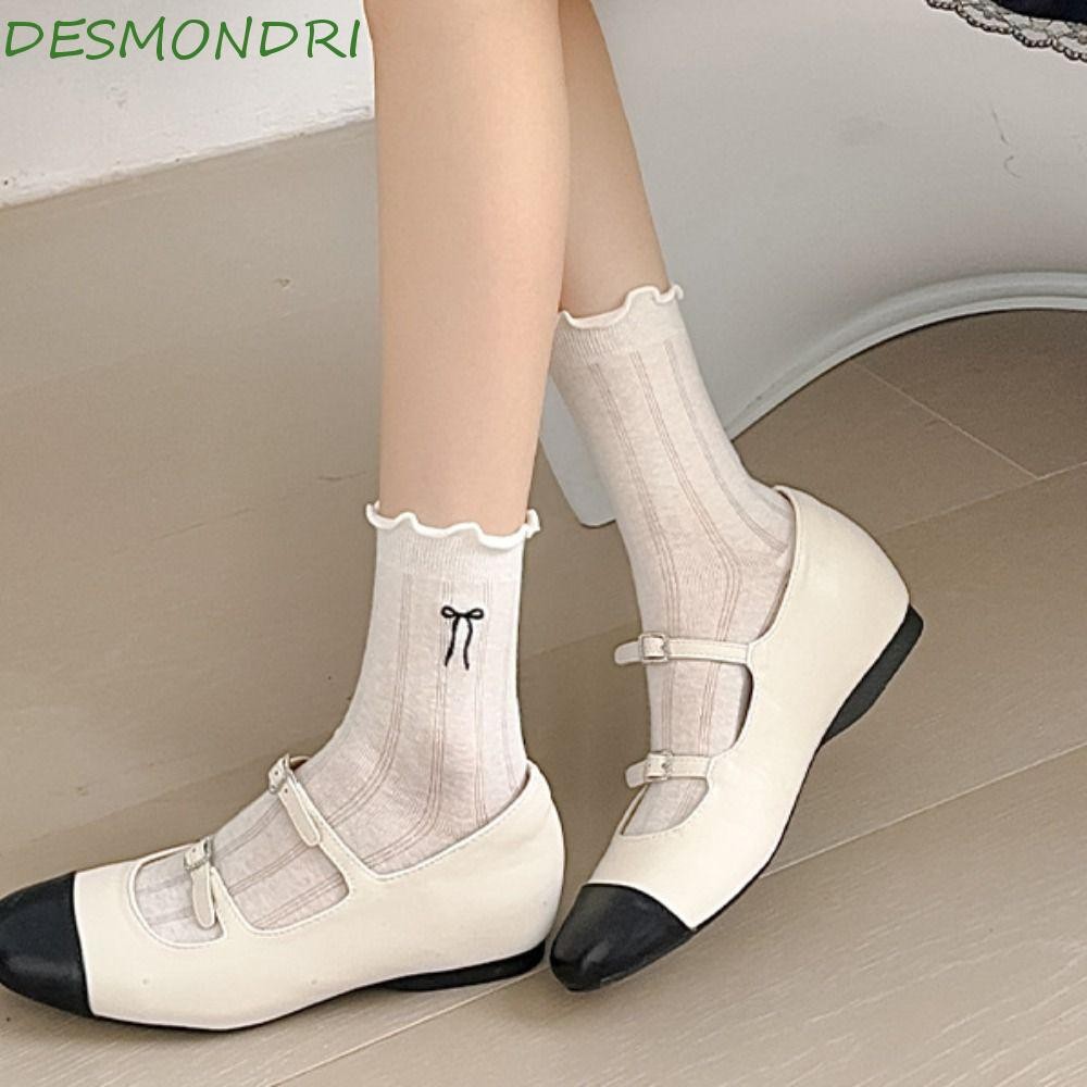 Desmondri 6 คู่ Ruffle Tube ถุงเท้า, เย็บปักถักร้อย Lolita JK บัลเล่ต์โบว์ถุงเท้า, นุ่มหญิง Hosiery ถุงเท้าตาข่ายหวานผู้หญิงสาว