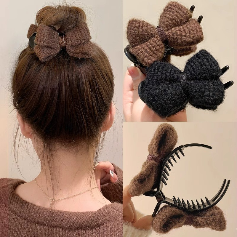 Elegant Woolen Bow Hairpin ผู้หญิงs แฟชั่นเกาหลีด้านหลังหัว Ball Head กิ๊บติดผมเครื่องประดับผม