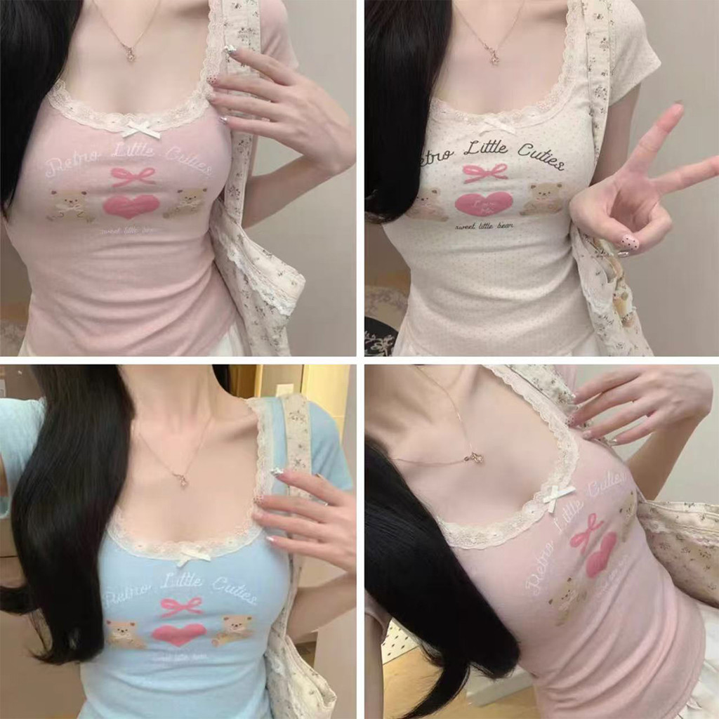 เสื้อยืดสั้นแนวแฟชั่นเกาหลี แต่งลูกไม้ดูหวานๆ