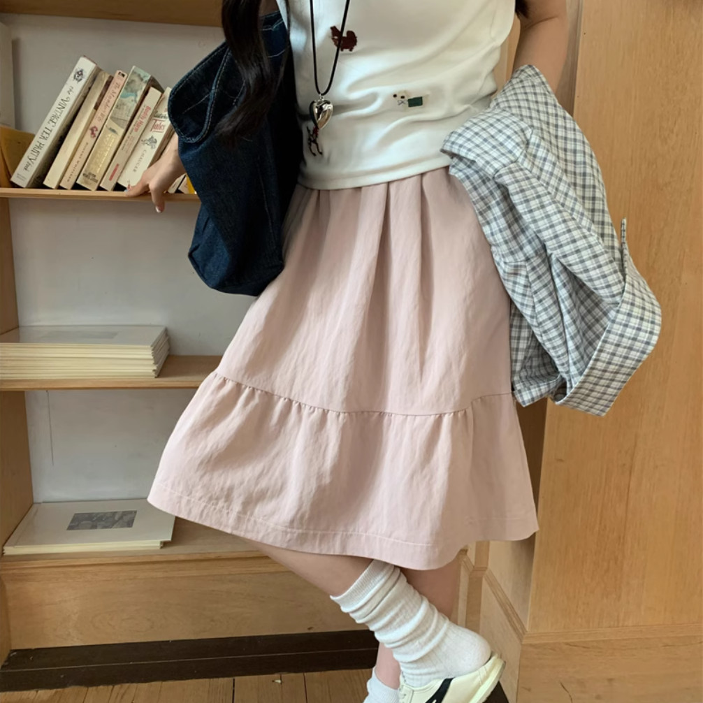 กระโปรง Midi เอวสูง A-line สไตล์วิทยาลัยฤดูใบไม้ผลิและฤดูร้อนของผู้หญิง