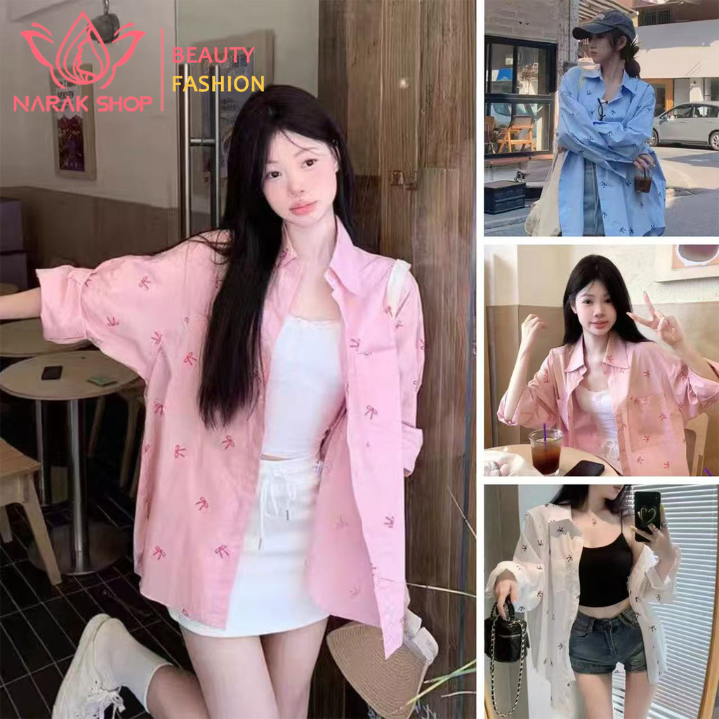 เสื้อเชิ้ตสีชมพูโบว์คอ ลายพิมพ์ดอกไม้สวย