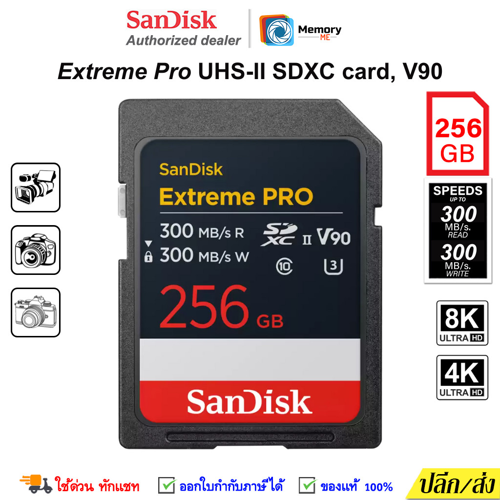 (ส่งด่วน) SANDISK SDcard Extreme Pro 256GB (300/300MB/s, R/W) UHS-II U3 C10 V90 sdcard แท้ memory ca